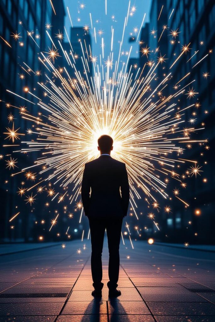 Mann in einem Anzug steht vor einer Funkenexplosion in einer urbanen Umgebung.