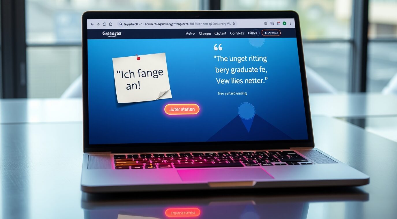 Ein Laptop-Bildschirm zeigt eine Website mit dem Text 'Ich fange an!' und weiteren Informationen.