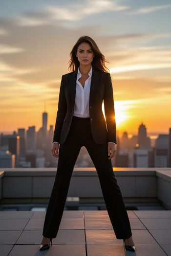 Frau in einem schwarzen Anzug mit weißen Hemd steht auf einem Dach vor einer Stadtlandschaft bei Sonnenuntergang.