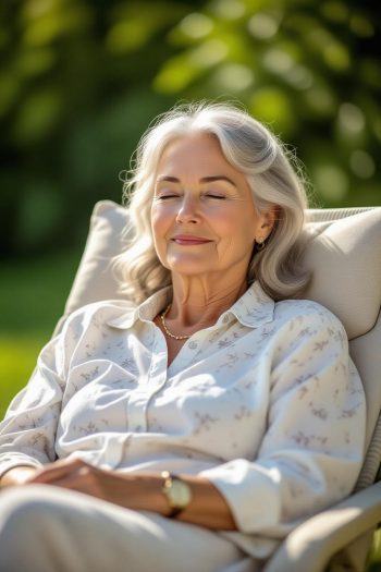 Ältere Frau mit grauen Haaren sitzt entspannt in einem Stuhl und genießt die Sonne mit geschlossenen Augen.