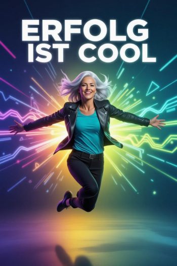 Frau mit grauen Haaren in einer Lederjacke springt vor einem bunten, leuchtenden Hintergrund.